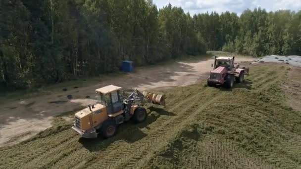 Drone view of tractors tamp the silage in the Silo Trench next to the forest and field. Forage For Animals. Summer sunny day - Felvétel, videó