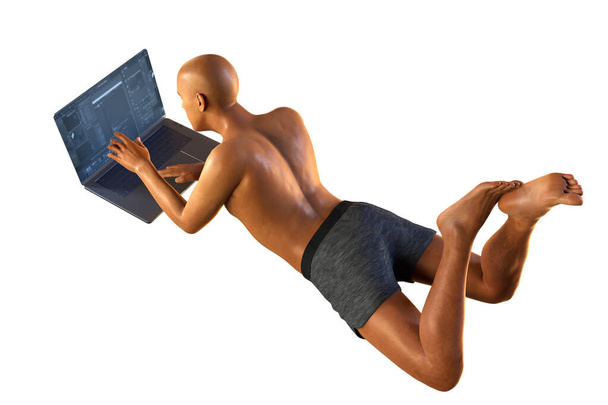 Working with laptop in a wrong position. Concept of backache, back pain. 3D illustration showing male body in a wrong working position - Photo, Image