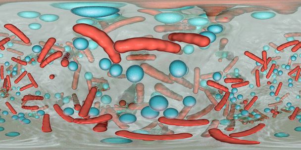 バクテリアのバイオフィルムの360度球面パノラマ。異なる種類と形状の細菌の混合物, 3Dイラスト - 写真・画像