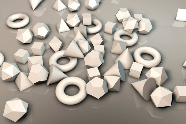 Background with different 3D geometrical shapes, 3D illustration - Foto, afbeelding