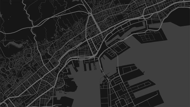 Carte de fond vectorielle de la région de Kobe City en noir foncé, illustration de cartographie de rues et d'eau. Proportion d'écran large, plan de rue numérique plat. - Vecteur, image