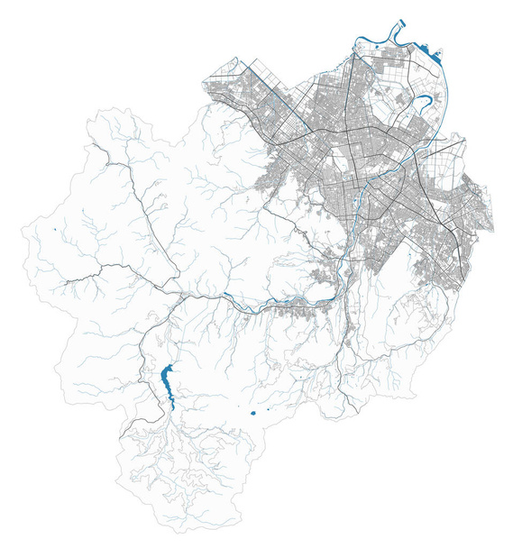 Stadtplan von Sapporo. Detaillierte Karte Verwaltungsgebiet, Landpanorama. Lizenzfreie Vektorillustration. Übersichtskarte mit Autobahnen, Straßen, Flüssen. Dekorativer Stadtplan für Touristen. - Vektor, Bild