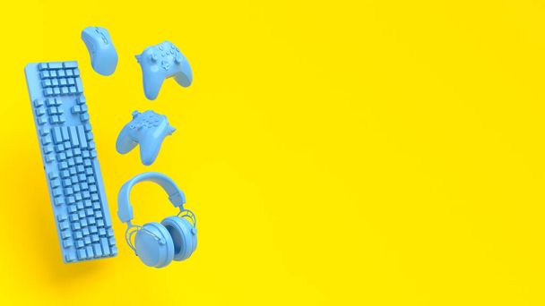 Flying monochrome blue gamer gears like mouse, headphones, keyboard and joystick on yellow background. 3d rendering of accessories for live streaming concept top view - Photo, Image