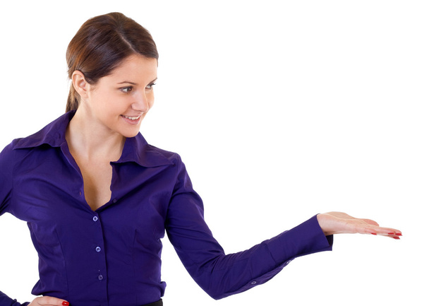 Business woman presenting something imaginary over white - Photo, image
