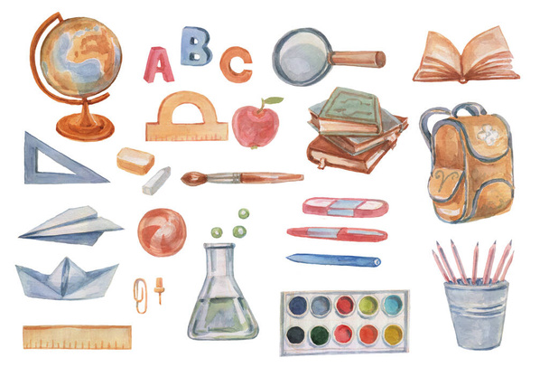 School school supplies set clipart watercolor by hand. Print textile realism globuch books backpack  - Photo, Image