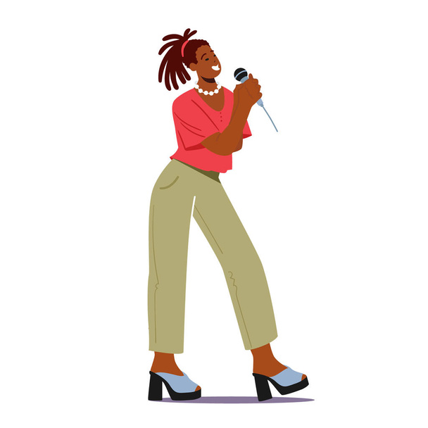 Super Star Singing Song. African Woman on Stage Performing Composition in Karaoke Bar. Artist Female Characters Singing - Vector, Image