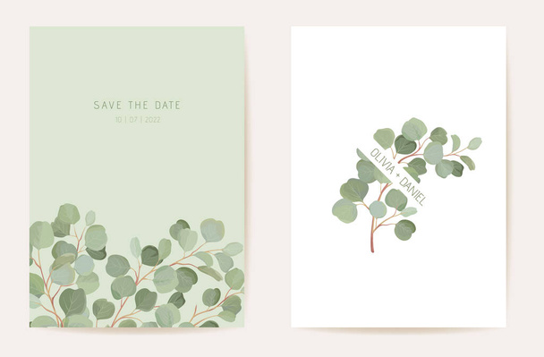 Watercolor eucalyptus, green leaf branches floral wedding card. Vector tropical leaves greenery invitation - Вектор, зображення