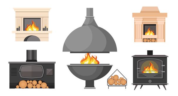Установите камины, традиционный и современный стиль в помещении дымоходы с горящим огнем и бревен. Камин, система отопления - Вектор,изображение