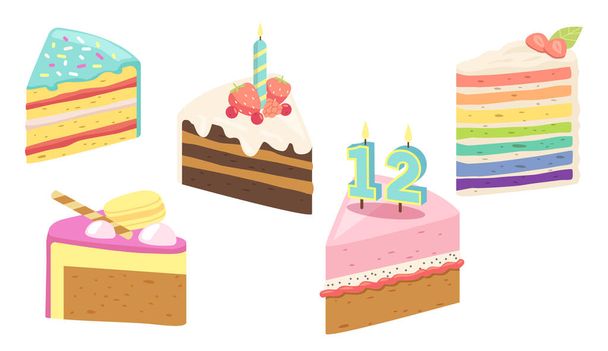 Set bolo, peças de sobremesa de aniversário com velas, frutas ou bagas. Confeitaria Doce Produção Pies, Pastelaria, Padaria - Vetor, Imagem