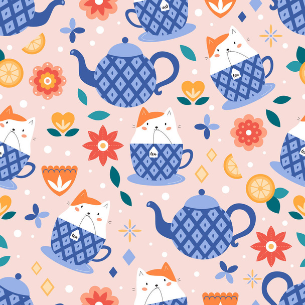 Bezešvé vzor s roztomilé kawaii kočka v šálku. Čas na čaj. Abstraktní květiny. Kreslená postava. Vektorová ilustrace. - Vektor, obrázek