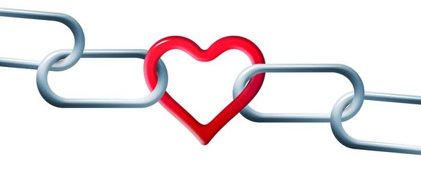 Steel chain is linked together by a red heart shaped link in this 3-d illustration about unbreakable love. - Photo, Image