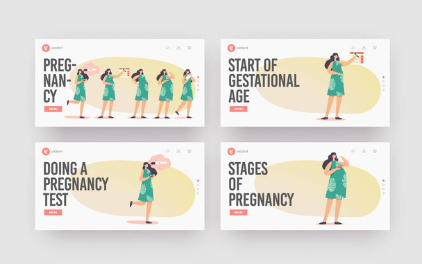 Žena Těhotenství Stages Landing Page Template Set. Pozitivní test, Kalendář Datum, Rostoucí břicho, Žena Porod dítěte - Vektor, obrázek