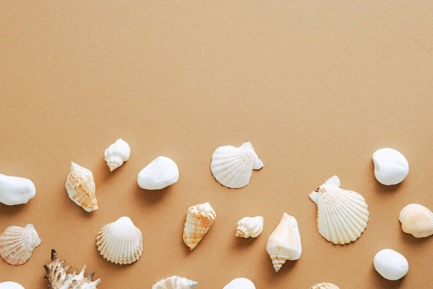Seashells frame border on sandy background. Flat lay, top view. Summer vacation concept. - Photo, image