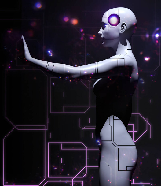 3d maken illustratie van vrouwelijke robot staan op donker gekleurde gloeiende cyberspace achtergrond profiel bekijken. - Foto, afbeelding