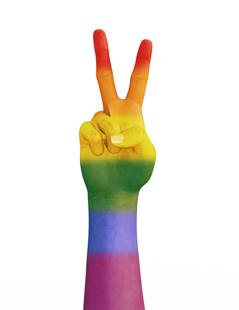 Vereinzelte weibliche Hand mit Siegesgeste in LGBT-Flagge. - Foto, Bild