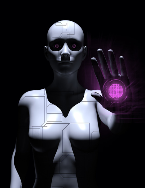 3d illusztráció női robot áll izzó szemmel és kézzel sötét háttér. - Fotó, kép