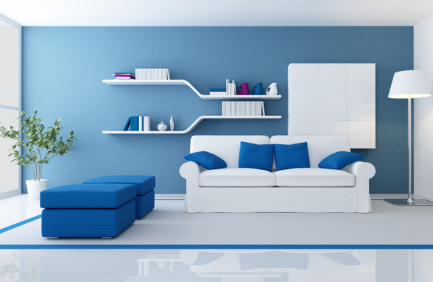 Fehér kanapén egy kék modern nappaliban - renderelés - Fotó, kép
