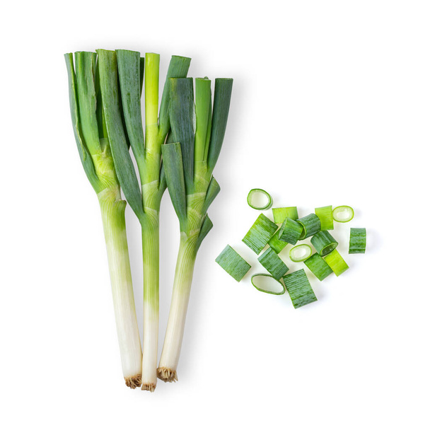 Green Japanese Bunching Onion em fundo branco. vista superior - Foto, Imagem