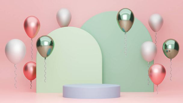 Színes geometriai dobogó a márka színes lufik, pasztell zöld geometriai háttér és a háttér rózsaszín, divat, ünneplés online plakát, 3d renderelés, 3d illusztráció - Fotó, kép