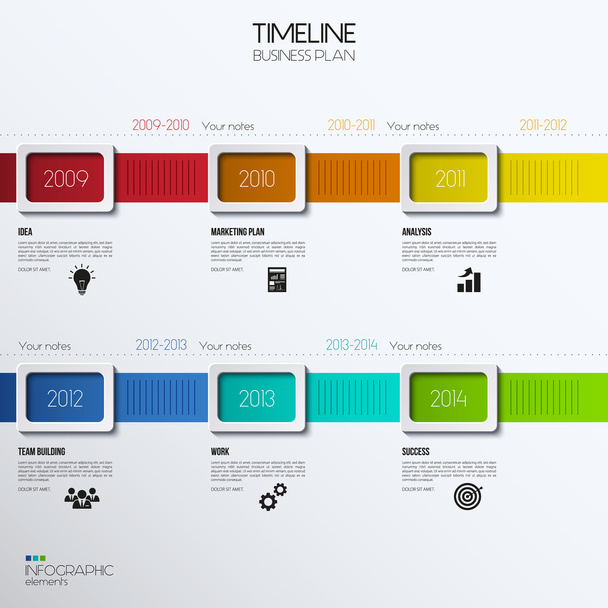 Vector infographic timeline showing business plan with icons. - ベクター画像
