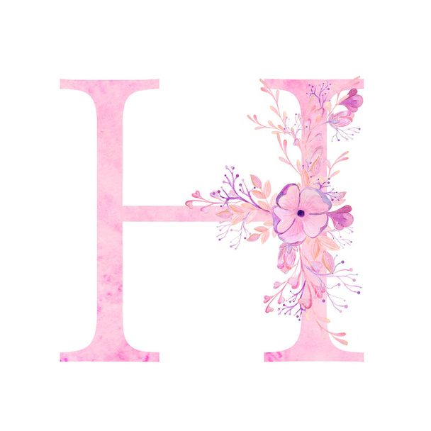 Pink letters with flowers. Romantic, delicate watercolor font. - Фото, зображення