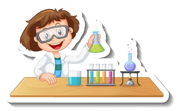 化学実験イラストを行う学生の漫画キャラクターシールテンプレート - ベクター画像