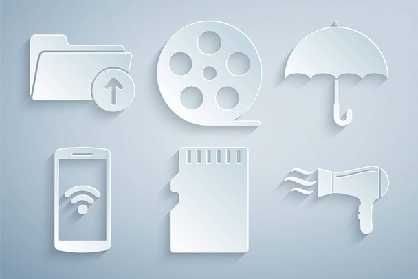 Definir cartão de memória Micro SD, guarda-chuva, Smartphone com wireless, secador de cabelo, rolo de filme e ícone de pasta de seta para download. Vetor - Vetor, Imagem