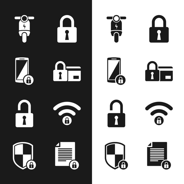 Set Credit card with lock, Smartphone, Electric scooter, Lock, Open padlock and Wifi locked icon. Vector - Vector, Image
