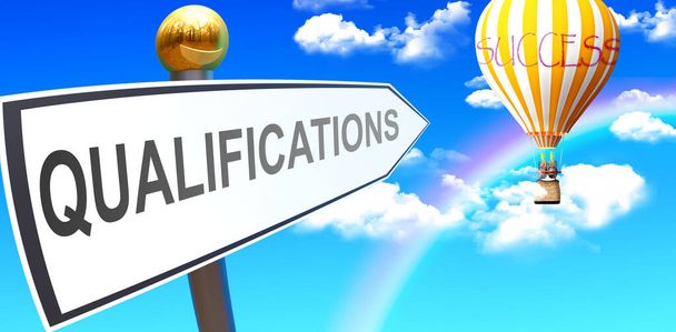 Qualifications leads to success - shown as a sign with a phrase Qualifications pointing at balloon in the sky with clouds to symbolize the meaning of Qualifications, 3d illustration - 写真・画像
