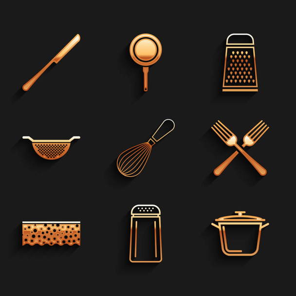 Set Kitchen whisk, Salt and pepper, Cooking pot, Crossed fork, Sponge with bubbles, colander, Grater and Knife icon. Vector - Vector, Image