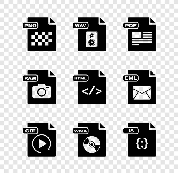 Establecer documento de archivo PNG, WAV, PDF, GIF, WMA, JS, RAW y HTML icono. Vector - Vector, imagen