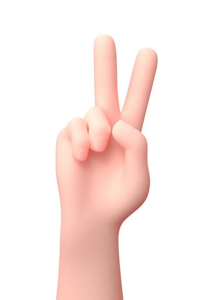 Dos dedos levantados de la mano. Personaje de dibujos animados 3D. Aislado en blanco - Foto, Imagen