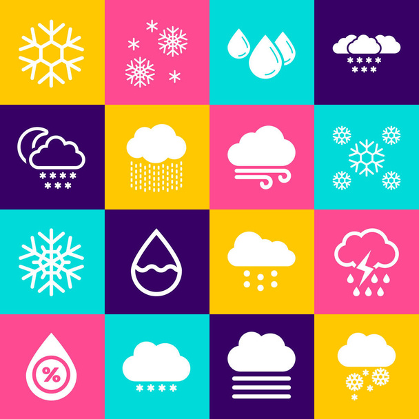 Set Cloud se sněhem, deštěm a blesky, Sníh, Vodní kapky, a měsíc ikona. Vektor - Vektor, obrázek