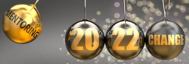 Mentoring as a driving force of a change in the new year 2022 - pictured as a swinging sphere with phrase Mentoring giving momentum to 2022 that leads to a change, 3d illustration - Photo, Image