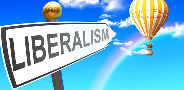 Liberalizm prowadzi do sukcesu - pokazany jako znak ze zwrotem Liberalizm wskazujący na balon na niebie z chmurami symbolizującymi znaczenie liberalizmu, ilustracja 3D - Zdjęcie, obraz