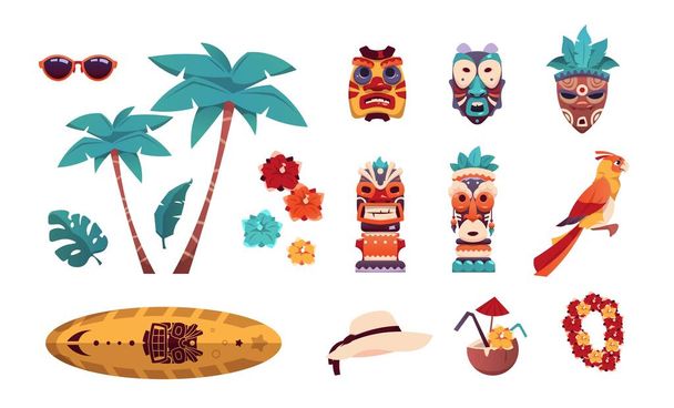 ハワイのTikiアイコン。ヤシや花と夏の熱帯アート。サーフボード、サングラスや帽子。ビーチバケーションコレクション。部族のトーテムだ。島でのレクリエーションのベクトル要素セット - ベクター画像