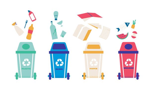 Jätteiden kierrätys. Roskakori erityyppisille jätteille. Roskakorit, joissa on metallia ja lasista roskaa. Pakkaukseen putoava paperi ja muovijäte. Vektorijätteiden erottelukauhat asetettu - Vektori, kuva