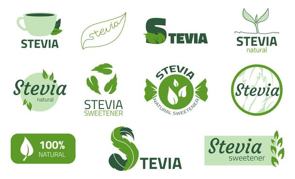 Stevia címke. Helyettesítő édesítőszer matricái. Cukormentes biotermék az étrendhez. Levelek és szárak kivonata. Alternatív édességcsere. Bioadalékanyag. Vektorzöld emblémák készlete - Vektor, kép