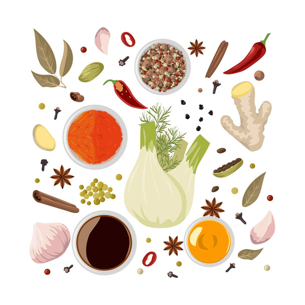 Chinese spices. Traditional oriental cuisine condiments for spicy sauce. Natural fresh, dry and powder pungent taste ingredients. Organic peppercorns or bay leaf. Vector seasoning set - Vector, Image