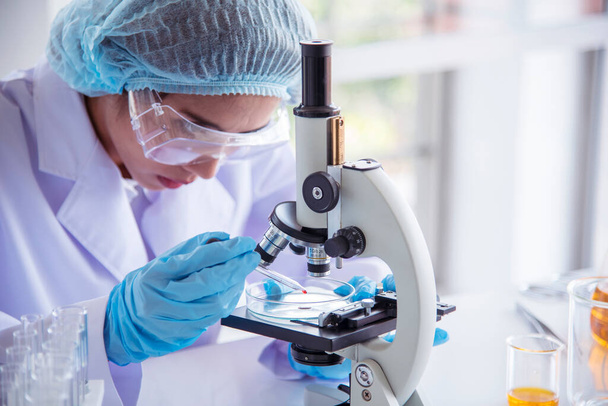Női tudós a laborban nézze meg a tudományos mikroszkópot orvosi tesztek és kutatási biológia kémia. Női technikus laboratórium elemzi a tudományos gyógyszertár genetikai kutatását. Kémia Orvosi vizsgálati labor - Fotó, kép