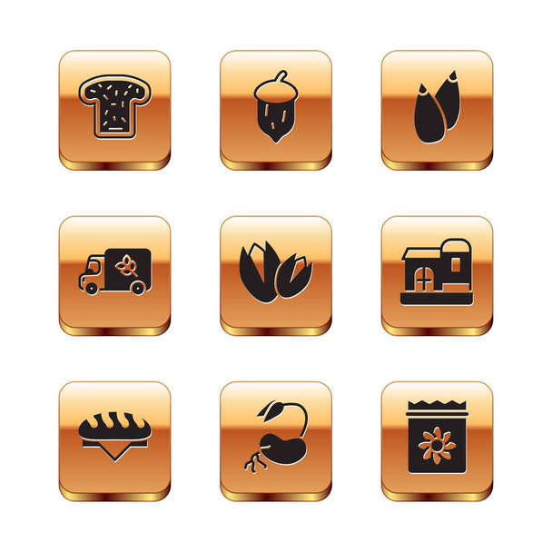 Set Bread toast, loaf, Sprout, Pistachio nuts, Flour truck, Seed, Pack full of seeds of plant and Acorn, oak nut, icon. Vector - Vector, Image