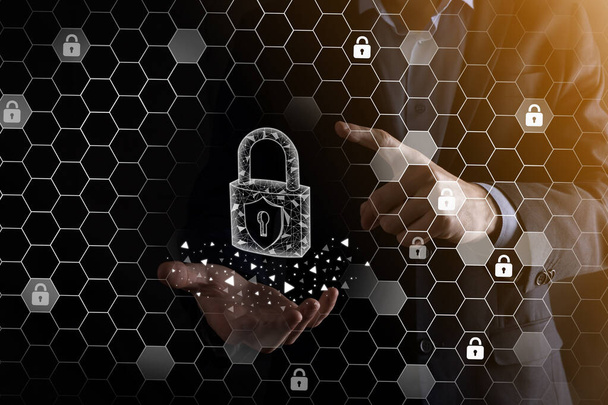 Cyber security network. Padlock icon and internet technology networking. Businessman protecting data personal information on tablet and virtual interface. Data protection privacy concept. GDPR. EU. - Photo, Image
