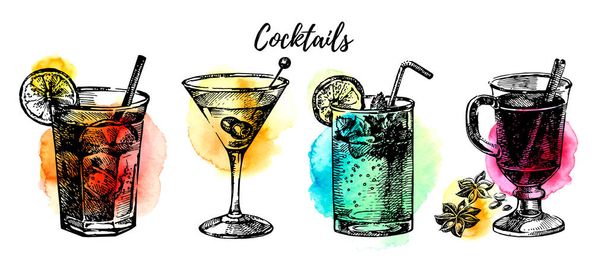 Conjunto de cocktails vintage desenhados à mão. Desenho retro bebidas vetor ilustração isolado no fundo branco - Vetor, Imagem