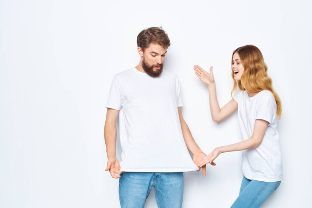 young couple in white t-shirts design casual wear - Zdjęcie, obraz