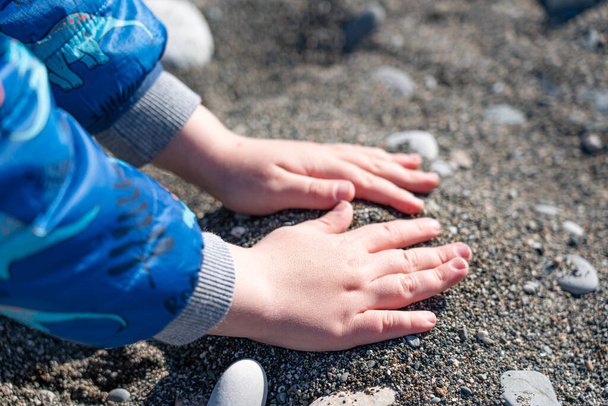 children's hands in the sand on the beach - 写真・画像