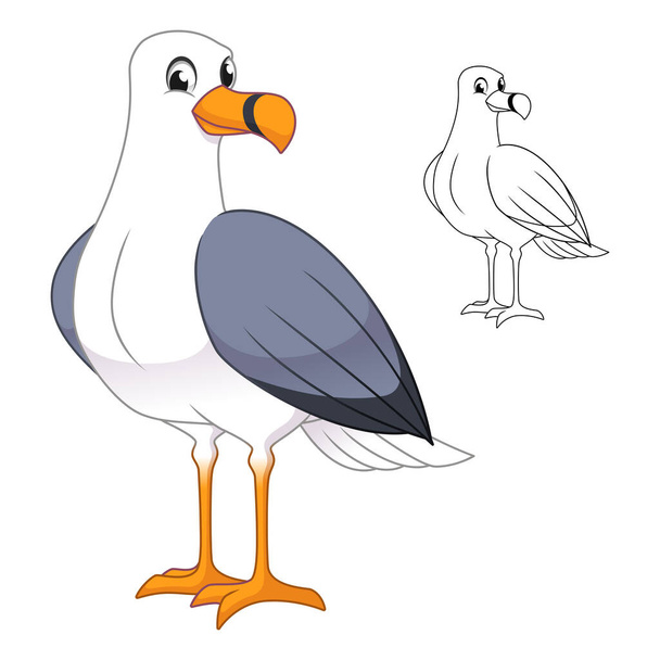 Gaivota de gaivota bonito em pé com desenho de arte de linha, pássaros animais, ilustração de personagem vetorial, logotipo da mascote de desenhos animados em fundo branco isolado. - Vetor, Imagem