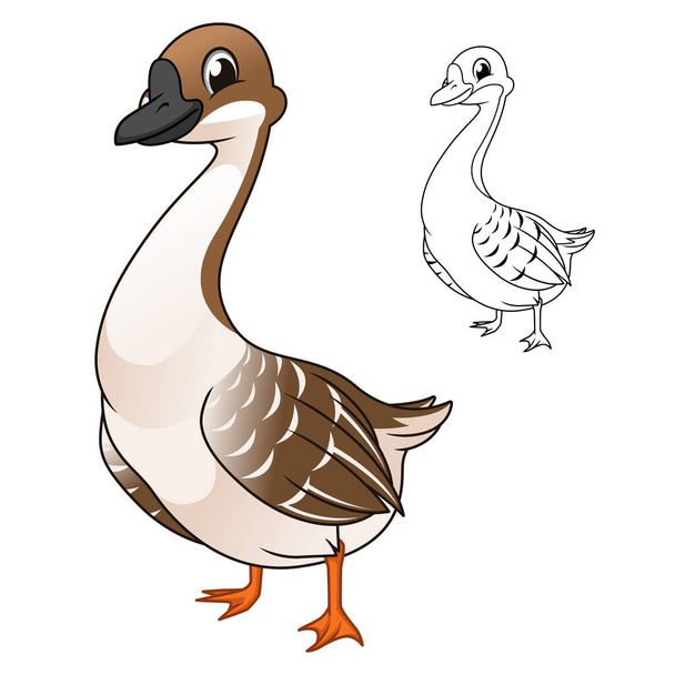 Cute Brown Chinese Goose Standing with Line Art Drawing, Animal Birds, Vector Character Illustration, Cartoon Mascot Logo in Isolated White Background. - ベクター画像
