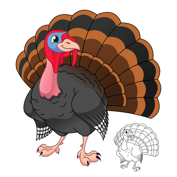 Male Turkey Bird with Line Art Drawing, Animal Birds, Vector Character Illustration, Cartoon Mascot Logo in Isolated White Background. - Vector, Image
