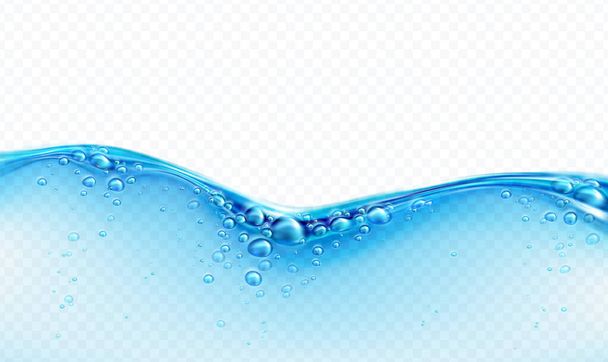 Salpicadura de agua transparente azul con burbujas aisladas sobre fondo blanco. Efecto de agua transparente real. Ilustración vectorial - Vector, imagen