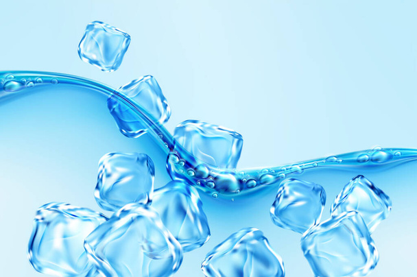 Παγάκια που πέφτουν σε μπλε διαφανές κύμα πιτσιλίσματος νερού με φυσαλίδες που απομονώνονται σε μπλε φόντο. Πραγματικά διάφανη επίδραση του νερού. Εικονογράφηση διανύσματος - Διάνυσμα, εικόνα